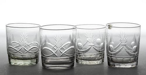 FREE-BLOWN AND CUT GLASS TUMBLERS, LOT OF FOUR