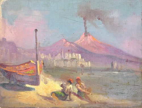 Naples Scene, Erupting  Mount Vesuvius with Sun Bathers
