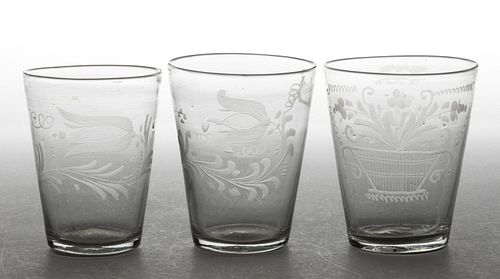 BOHEMIAN FREE-BLOWN AND ENGRAVED TUMBLERS, LOT OF THREE