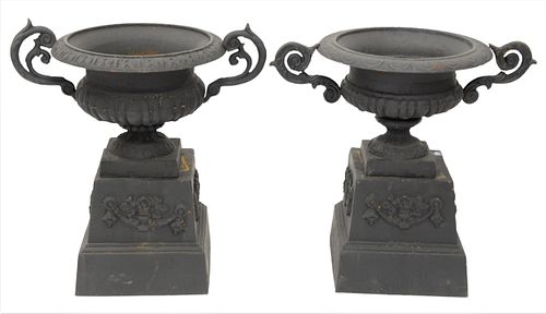 Pair of Two Part Iron Outdoor Urns