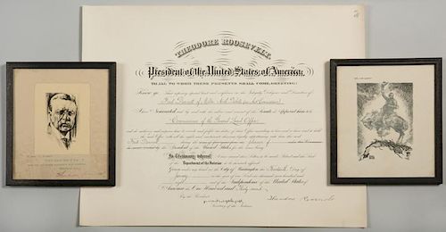 Theo. Roosevelt signed document, prints - 3 pcs