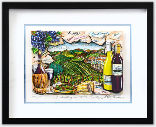 Charles Fazzino- 3D Construction Silkscreen Serigraph "A Tasting in Wine Country (Blue)"