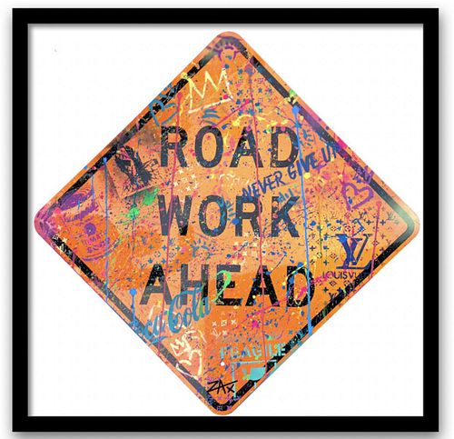 E.M. Zax- Hand painted metal street sign "Road Work"