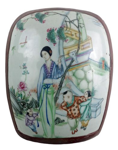 Chinese Lacquer Box with Porcelain Inlay