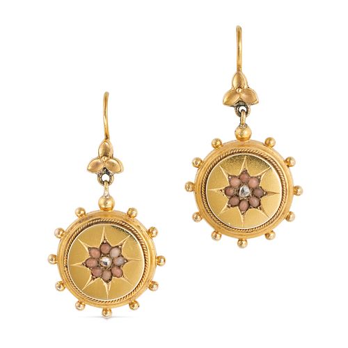 A PAIR OF ANTIQUE CORAL AND DIAMOND EARRINGS in yellow gold, each set with a rose cut diamond in ...