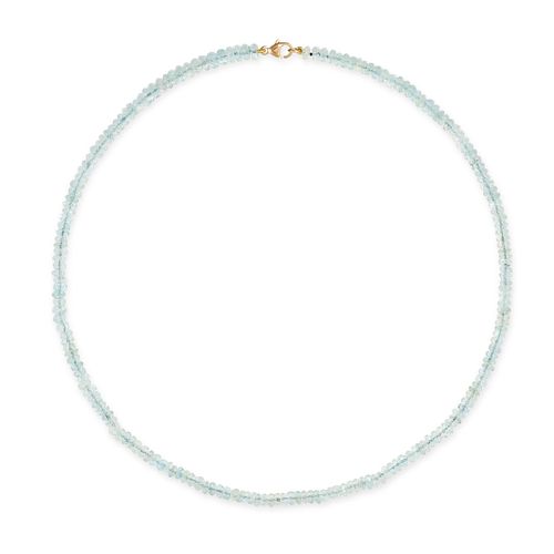 AN AQUAMARINE BEAD NECKLACE in 9ct yellow gold, comprising a single row of fancy shaped facetted ...