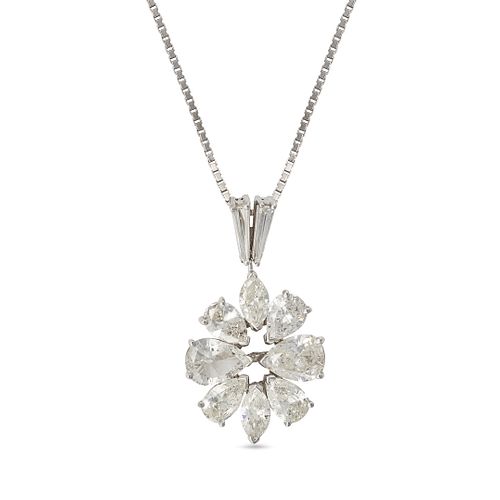 A DIAMOND PENDANT NECKLACE in white gold, the pendant set with a cluster of pear and marquise bri...