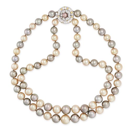 A PEARL, DIAMOND AND FANCY YELLOW DIAMOND NECKLACE in platinum, comprising two graduated rows of ...
