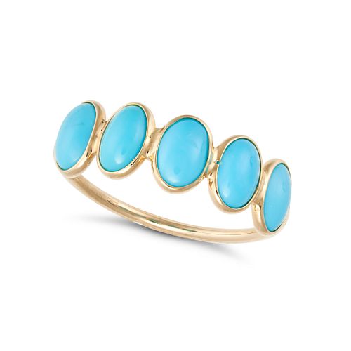 A TURQUOISE FIVE STONE RING in 18ct yellow gold, set with five oval cabochon cut turquoise, stamp...