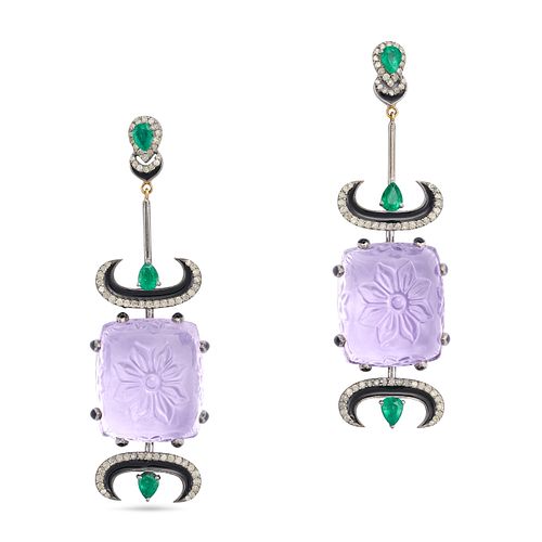 A PAIR OF CARVED AMETHYST, EMERALD, DIAMOND AND ENAMEL EARRINGS in 14ct yellow and white gold, ea...