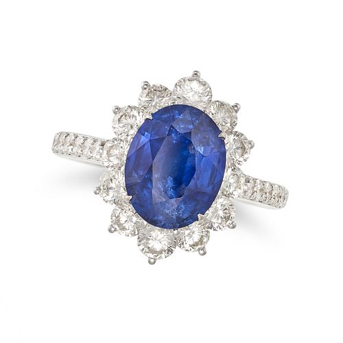 A SAPPHIRE AND DIAMOND CLUSTER RING in 18ct white gold, set with an oval cut sapphire of 4.53 car...