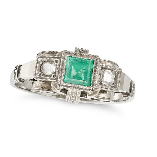 AN EMERALD AND DIAMOND RING in 18ct white gold, set with a square step cut emerald between two st...