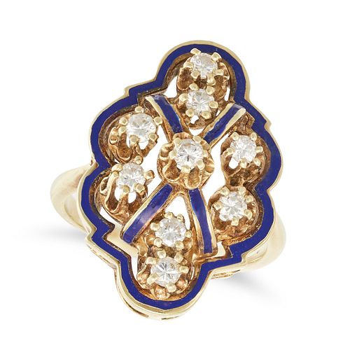 A DIAMOND AND ENAMEL DRESS RING in 14ct yellow gold, the openwork face set with round brilliant c...