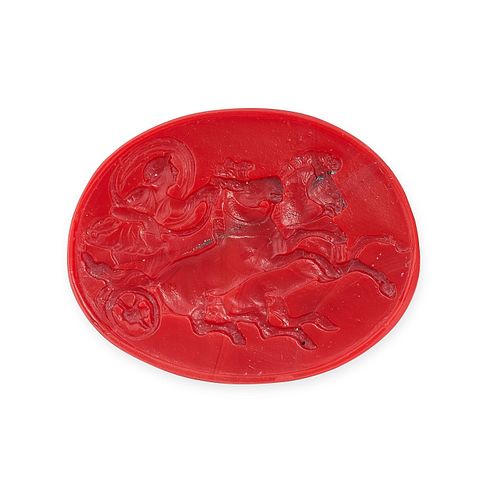 NO RESERVE - A RED GLASS INTAGLIO depicting Athena driving a chariot lead by two horses, 4.5cm, 1...
