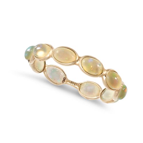 AN OPAL ETERNITY RING inÂ 14ct yellow gold, set with a row of oval cabochon cut opals, stamped 14k...