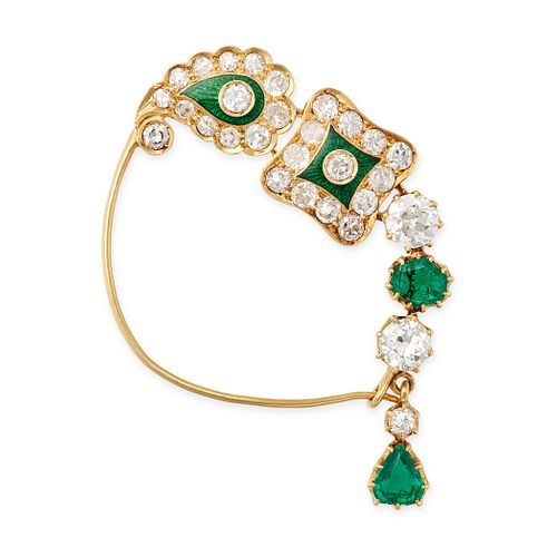 AN INDIAN COLOMBIAN EMERALD, DIAMOND AND ENAMEL NOSE RING in yellow gold, set with two old cut di...