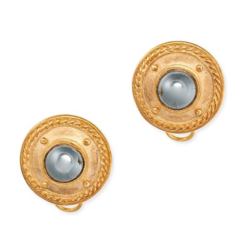 A PAIR OF VINTAGE HEMATITE EARRINGS in 9ct yellow gold, each set with a cabochon hematite accente...