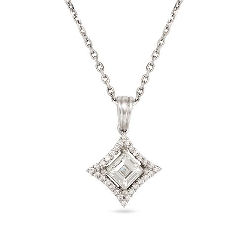 A DIAMOND PENDANT NECKLACE in 18ct white gold, the pendant set with a carre cut diamond of approx...