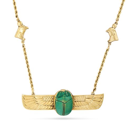 AN EGYPTIAN REVIVAL WINGED SCARAB BEETLE NECKLACE in 14ct yellow gold, comprising a twisted rope ...
