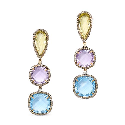 A PAIR OF BLUE TOPAZ, YELLOW TOPAZ, AMETHYST AND DIAMOND DROP EARRINGS in platinum and 14ct yello...