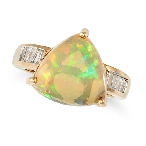 AN OPAL AND DIAMOND RING in 9ct yellow gold, set with a triangular cabochon opal, the band set wi...