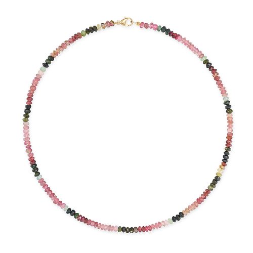 A MULTICOLOUR TOURMALINE BEAD NECKLACE in 9ct yellow gold, comprising a single row of fancy shape...