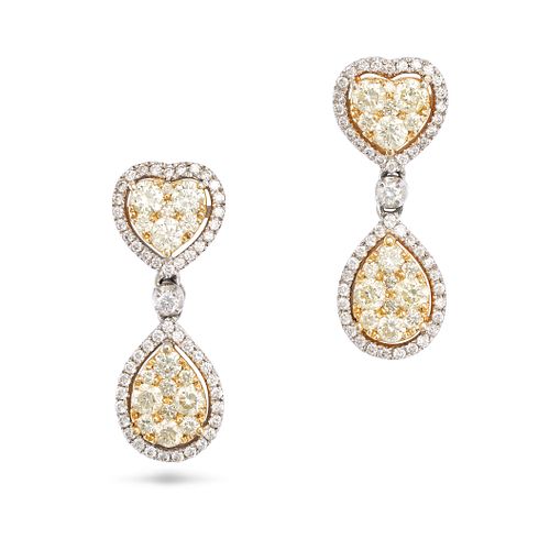 NO RESERVE - A PAIR OF YELLOW DIAMOND AND DIAMOND DROP EARRINGS in 18ct white and yellow gold, ea...