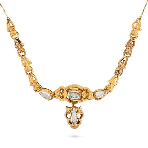 AN ANTIQUE AQUAMARINE NECKLACE, 19TH CENTURY AND LATER in yellow gold, comprising scrolling links...