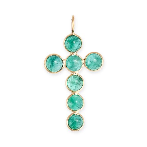AN EMERALD CROSS PENDANT in 18ct yellow gold, set with round cabochon cut emeralds all totalling ...