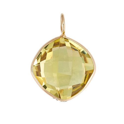 A CITRINE PENDANT in 14ct yellow gold, set with a cushion shaped citrine, stamped 14k, 1.8cm, 1.3g.