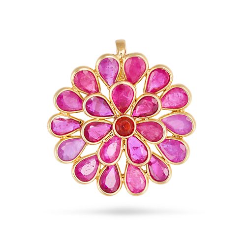 A RUBY CLUSTER PENDANT in 18ct yellow gold, set with pear and round rubies all totalling 4.30 car...