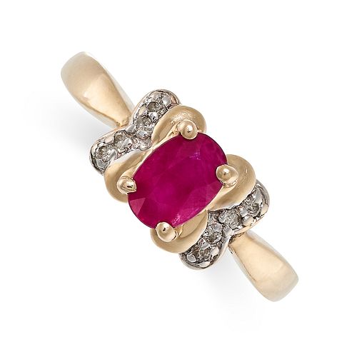 NO RESERVE - A RUBY AND DIAMOND RING in 14ct yellow gold, set with an oval cut ruby accented by r...