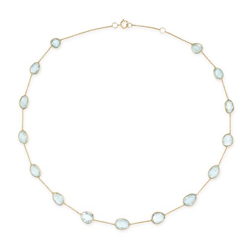 AN AQUAMARINE CHAIN NECKLACE in 18ct yellow gold, the trace chain set with fancy shaped rose cut ...
