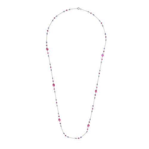 A PINK TOURMALINE AND TANZANITE CHAIN NECKLACE in 18ct white gold, the trace chain set with polis...