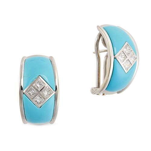A PAIR OF TURQUOISE AND DIAMOND EARRINGS in 18ct white gold, each set with a central cluster of f...