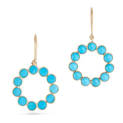 A PAIR OF TURQUOISE DROP EARRINGS in 14k yellow gold, each suspending an open circle set with rou...