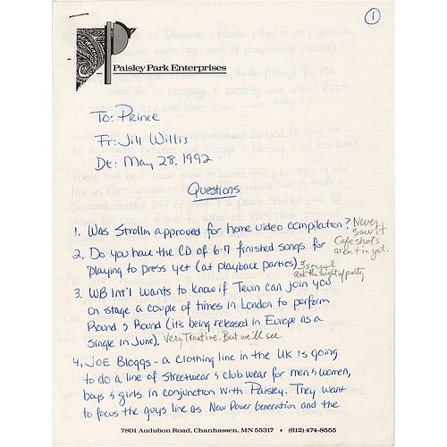 Prince Hand-Annotated Memo on Music and Merchandise