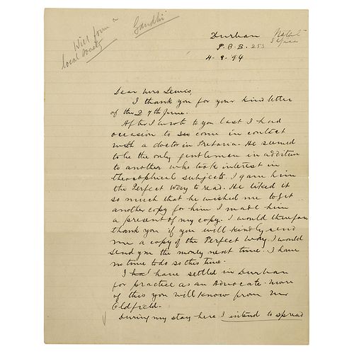 Mohandas Gandhi Autograph Letter Signed (1894) on Theosophy