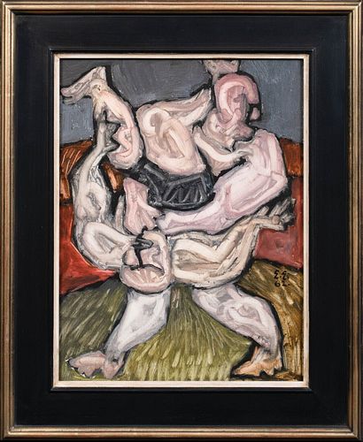 PORTRAIT OF TWO MALE WRESTLERS OIL PAINTING