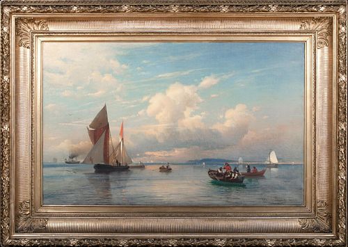 SHIPPING AT ORESUND BETWEEN DENMARK & SWEDEN OIL PAINTING