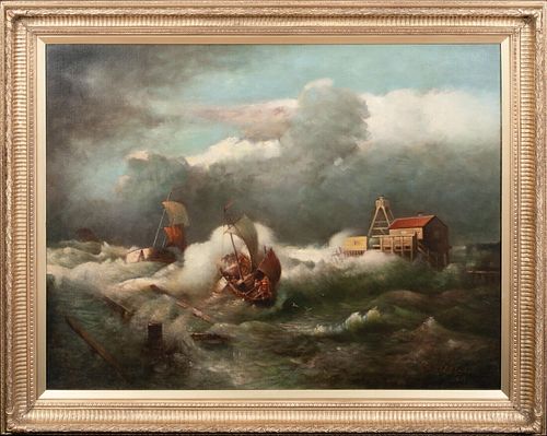 VIEW OF A SHIP IN A STORM OIL PAINTING