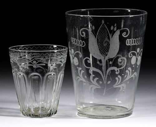 FREE-BLOWN / PATTERN-MOLDED GERMAN / BOHEMIAN ENGRAVED FLIP GLASSES, LOT OF TWO