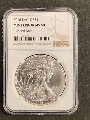 2016 MS69 MINT ERROR CLASHED DIES AMERICAN SILVER EAGLE