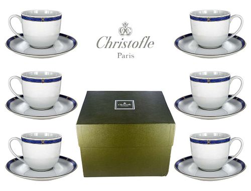 Set Of 6 Large Coffee Cup & Saucer Christofle Porcelain 'Ocean Blue'