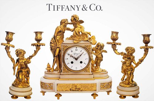 19th C. Figural Tiffany And Co. Bronze Mounted Marble Clockset