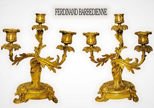 Pair Of Signed 19th Century French Ferdinand Barbedienne Gilt Bronze Candelabras