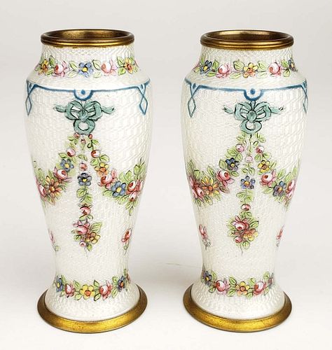 Pair of 19th C. Viennese Enamel Vases