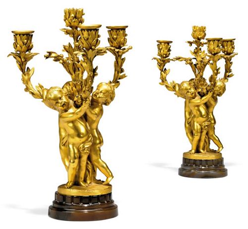 Pair Of Large 19t C. Signed French Figural Gilt Bronze FOUR Light Candelabras On Agate Base