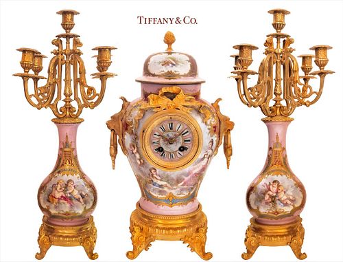 19th Tiffany & Co Pink Sevres Clockset