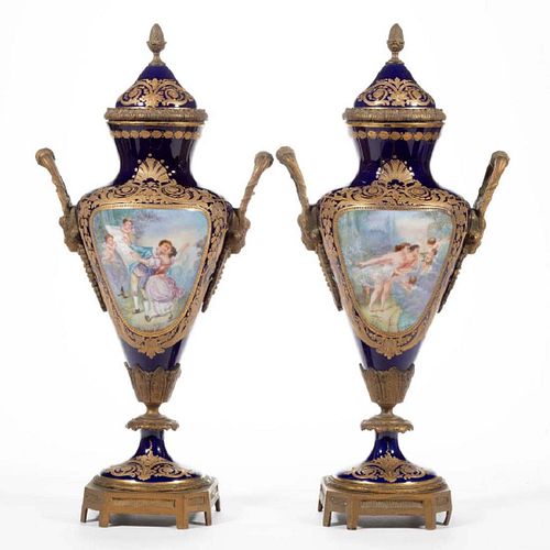 Pair of 19th C. Sevres Porcelain & Bronze Covered Urns